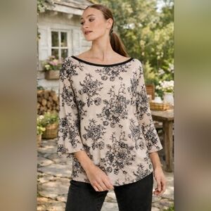 Susan Graver Weekend Boat Neck Top 3/4 Sleeve Cotton French Floral Size XL